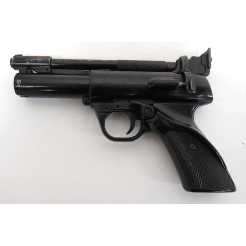 406 - Webley Air Pistol
.22, 6 3/4 inch, blackened, lift up cocking barrel.  Rear checkered section. ... 