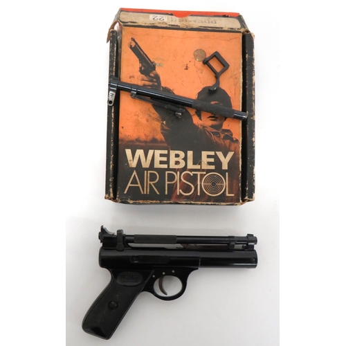 Webley & Scott Premier Air Pistol
.22, 6 1/2 inch, blackened, hinged cocking barrel.  Rear checkered section.  Front blade sight.  Rear sight block with barrel locking stirrup.  Blackened body, trigger guard and grip frame.  Black composite, checkered slab grips with top "Webley" logo.  Complete in its maker's box.  Still containing spare .177 barrel ... Seal ... Stirrup catch ... Tin of pellets ... Instructions and bill of sale.  Good complete set.  