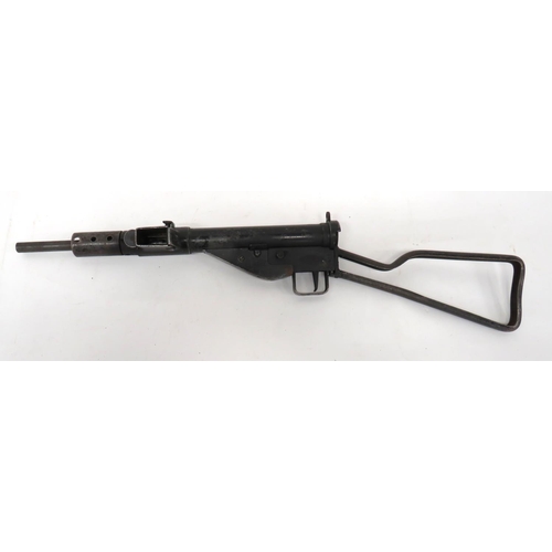 454 - Deactivated Long Branch MKII Sten Gun
9mm, 8 inch barrel.  Short, blackened shroud.  Blackened, tubu... 