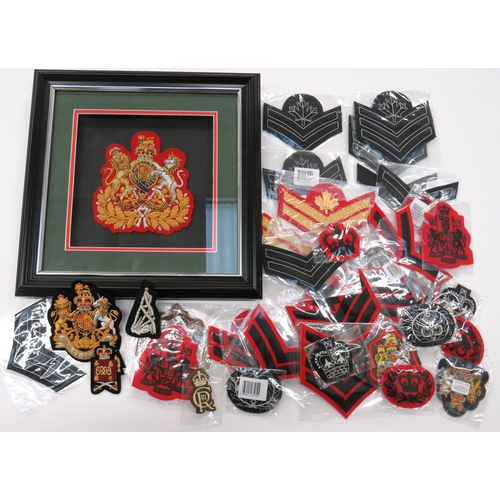 Quantity Of Modern Made Badges Of Rank
including bullion embroidery, QC The Army Sergeant Major (framed) ... Bullion embroidery WOII ... Bullion embroidery WOI ... Bullion embroidery Canadian Sergeant ... Gilt braid Sergeant.  Varied selection. 