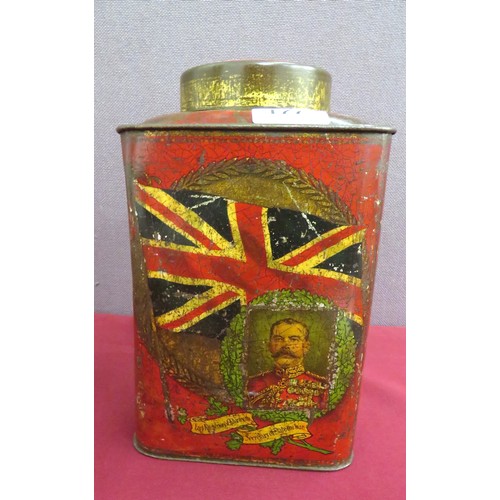 177 - Large WW1 Patriotic Tea Canister
9 1/2 inch high, red painted, tea canister.  The sides with patriot... 