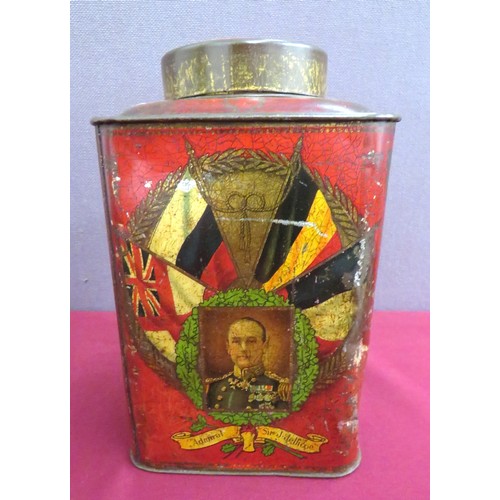 177 - Large WW1 Patriotic Tea Canister
9 1/2 inch high, red painted, tea canister.  The sides with patriot... 