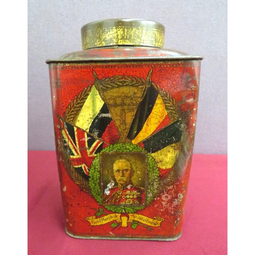 177 - Large WW1 Patriotic Tea Canister
9 1/2 inch high, red painted, tea canister.  The sides with patriot... 