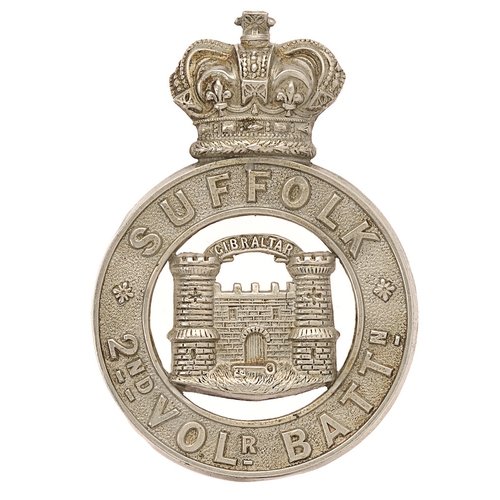 Badge. 2nd (Bury St Edmunds) VB Suffolk Regiment Victorian glengarry badge circa 1883-96.  Good scarce die-stamped white metal crowned circlet SUFFOLK 2ND VOLR. BATTN; voided centre with two tower castle and GIBRALTAR scroll.  Three toned loops. Top pearl absent otherwise GC