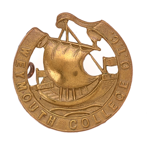 Badge. Weymouth College OTC cap badge circa 1908-40.   Good scarce die-stamped sailing ship resting in horseshoe scroll. (KK 2710)    Loops  VGC