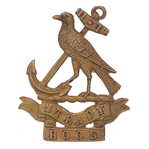 Badge. RND Hood Battalion Royal Naval Division WW1 cap badge circa 1916-18.  Good scarce die-stamped brass  Cornish Chough and anchor (part of the arms of Admiral Hood 1724-1816)  on a scroll STEADY all resting on a tablet inscribed HOOD.  JR Gaunt, London tablet to reverse  Loops.  VGC  Upon formation, the RND wore ROYAL NAVAL DIVISION cap ribbons firstly on navy blue sailor’s hat, then on the khaki sailor’s hat and for a short time on khaki peaked cap until RND Battalion cap badges were issued in France during May 1916.