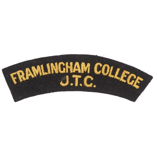 Badge. FRAMLINGHAM COLLEGE / JTC  cloth shoulder title circa 1940-48.  Good scarce golden yellow embroidered on black.      GC