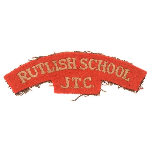 Badge. RUTLISH SCHOOL / JTC  cloth shoulder title circa 1940-48.  Good scarce off white embroidered on red.      GC