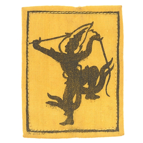 480 - Badge. British Troops in Siam formation sign.  Good scarce black Siamese dancer printed on black edg... 