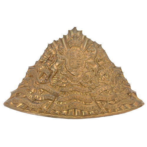 487 - Badge. 16th Queen's Royal Lancers cap plate circa 1905-14. Good die-stamped brass triangular fluted ... 