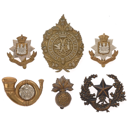 495 - Badge. 6 Victorian Infantry cap badges.  Scottish Rifles ... Royal Fusiliers ... 2 x East Surrey ...... 