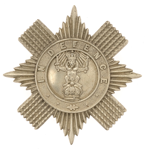 Badge. Scottish. 2nd Admin. Bn. Forfar or Angus Rifle Volunteers Victorian shako plate circa 1864-82.  Good scarce die-stamped white metal Order of the Thistle star bearing circlet inscribed IN DEFENCE with Royal Crest of Scotland to centre.     Loops.  VGC