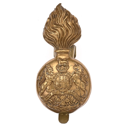 Badge. Scottish. Royal Scots Greys Victorian bearskin plume holder.  Good scarce die-stamped brass flaming grenade, the ball bearing Royal Arms, St.Andrew and WATERLOO.  Reverse with provision for plume; long slider fixing. Slight service wear. GC