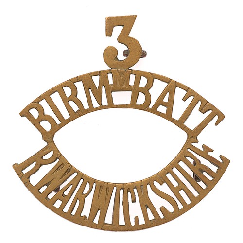 99 - Badge. 3 / BIRMM.BATT / R.WARWICKSHIRE WW1 Pals brass Kitchener’s Army shoulder title. Good scarce d... 