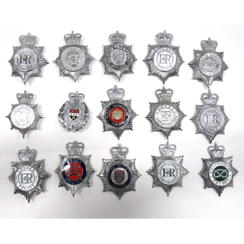 132 - 15 x Police/Constabulary Helmet Plates
including plated and enamel QC Staffordshire Police ... Plate... 