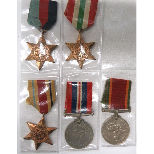 WW2 South African Medal Group
consisting 1939-45 Star, Italy Star, Africa Star, 1939-45 War medal, Africa Service medal.  All named "185714 P J Smith".  
Petrus Johannes Smith served from 26/7/43 - 21/1/46.  Copy of service.  