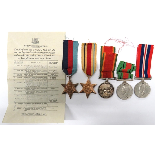 144 - WW2 South Africa Medal Group
consisting 1939-45 Star, Africa Star, Defence medal, 1939-45 War medal,... 