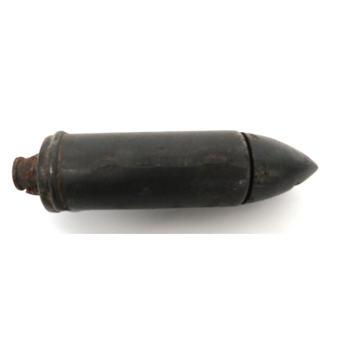 Austrian WW1 Inert M1913 Rifle Rod Grenade
cast iron, canister body.  Body with "K" maker's stamp.  Removable, pointed top nose cone.  Lower base with rifle rod fitting.  Rod absent.  