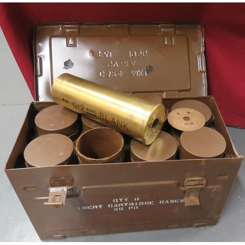 Boxed Set Of 8 Inert Blank 25 pr. Shell Cases
brass, blank LIAI 25 pr. shell cases.  Various dates including 1942.  All contained in tin transit cylinders and then contained in a steel transit chest dated 1956.  
Due to weight, buyer must collect.  