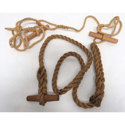 Three British Special Forces Toggle Ropes
consisting 1 x thick rope example with wooden toggle to the end ... 2 x similar examples with thin rope.  3 items.