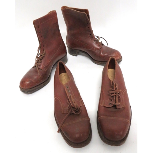 Pair Of Women's ATS Boots And Shoes
brown leather, high ankle top boots.  Leather soles and hells with steel studs.  Interior maker's stamped "Rowell & Sons Melton Mowbray" ... Brown leather shoes.  Leather soles.  Marked size 5.  2 pairs. 