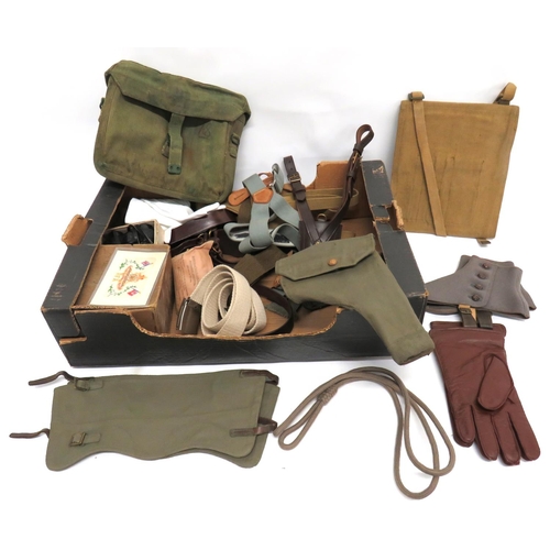 Varied Selection Of Equipment
including 2 x brown leather, Sam Browne belts and shoulder straps ... 1937 pattern belt and holster ... 1937 pattern map case ... Civilian gas mask in card box ... Pair 1937 pattern gaiters ... Pair leather gloves ... Pistol lanyard.  
