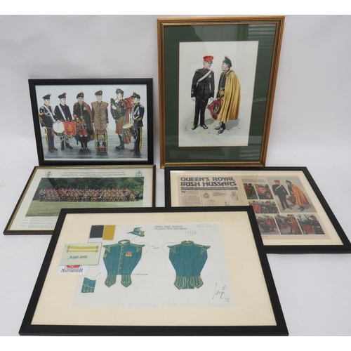 Royal Irish Hussars Framed Uniform Design
hand drawn illustration of the proposed tunic, complete with samples of cloth and braid.  Together with 2 x framed illustrations of their uniforms ... Framed 1989 photo "The Warrant Officers & Sergeant' Mess Of The Queens Royal Irish Hussars".  5 items.