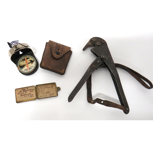 Three Austrian Items Of Equipment
consisting M1910 Army compass in leather case ... Brass, hinged ID case complete with paper ID papers ... Pair of small pattern wirecutters in pressed steel., "Wartberg" maker's stamp.  Complete with leather wrist strap. 