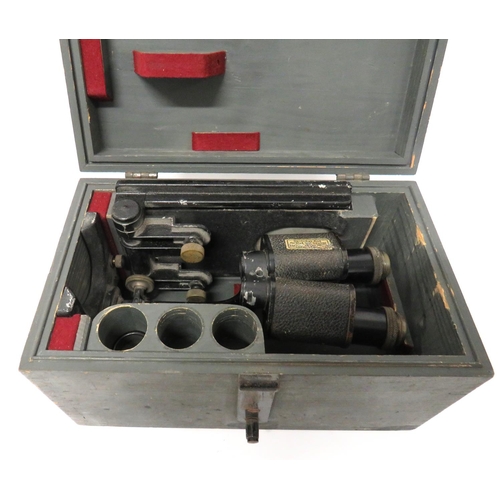 WW1 German Stero Viewing Scope
pair of binocular viewing lenses by "E. Leitz Wetzlar" mounted on a blackened steel mount and lower removable stand.  All contained in its fitted wooden case.  The lid marked "Lichtmeptrupp 133".  