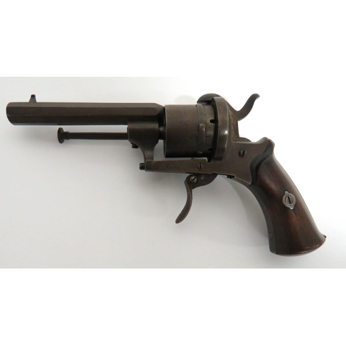 396 - Late 19th Century Continental Pinfire Revolver
3 1/2 inch, octagonal barrel.  Front blade sight.  Si... 