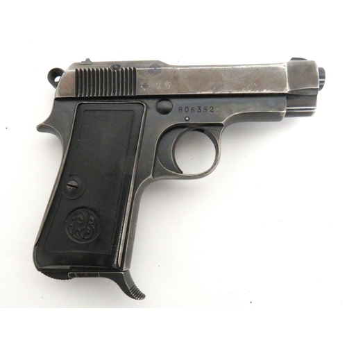 Deactivated Italian Beretta M1934 Automatic Pistol
7.65 mm, 3 1/4 inch barrel.  Browned slide with maker's details.  Front blade sight and rear V sight.  Rear exposed hammer.  Blackened lower frame, trigger guard and grip frame.  Black composite slab grips.  Removable magazine.  Complete with current cert.  