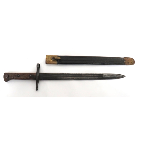 Italian M1891 Carcano Bayonet
11 3/4 inch, single edged blade with back edge sharpened point.  Narrow fuller.  Fuller with maker "Terni".  Steel muzzle ring, crossguard and pommel.  Wooden slab grips.  Contained in its brass mounted, leather scabbard.  Leather marked "ADT 1915".  