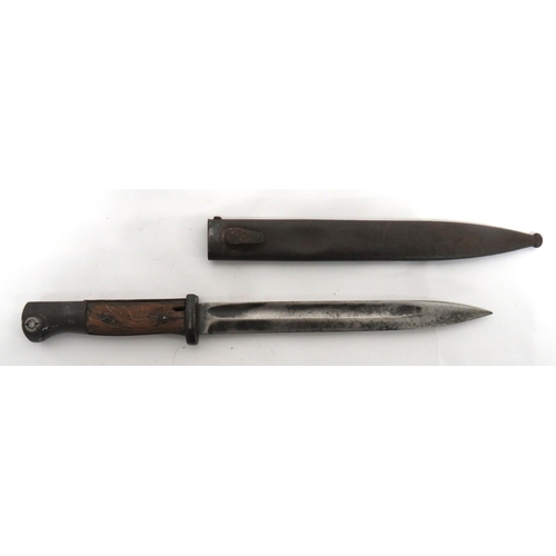 Pre WW2 German K98 Matching Serial Number Bayonet
9 1/4 inch, single edged blade with fuller.  The forte with maker "Berg & Co".  Back edge dated "37" and number "6582".  Steel crossguard and pommel.  Wooden slab grips. Contained in its steel scabbard with matching maker and number.  Some wear. 