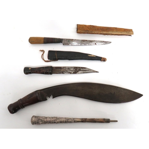 503 - Three Various Knives
consisting Indian kukri.  13 3/4 inch, single edged blade of typical form.... 