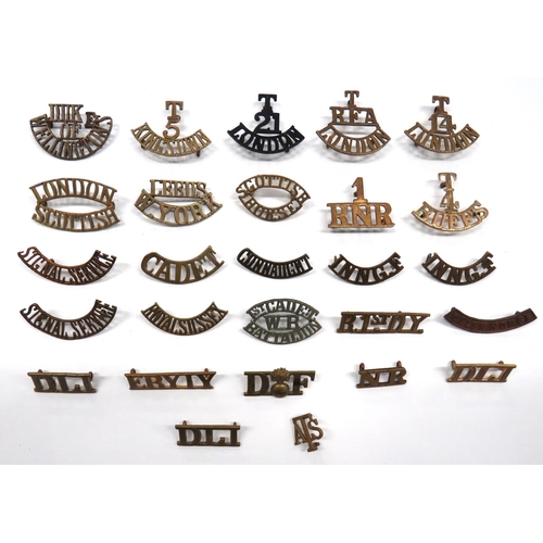 73 - 27 x British Brass Shoulder Titles
including T.14 London ... Leeds. W. York (1 lug absent) ... T4 Bu... 