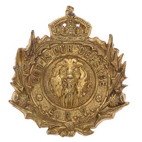 Badge. Scottish. 3rd Edinburgh Rifle Volunteers Victorian shako plate circa 1867-82.  Good rare die-stamped gilt brass crowned GOD IS OUR DEFENCE  E.R.V. circlet resting in thislte sprays; lion's mask in relief to centre. Two holes to crown.    Loops (one replaced)  otherwise VGC