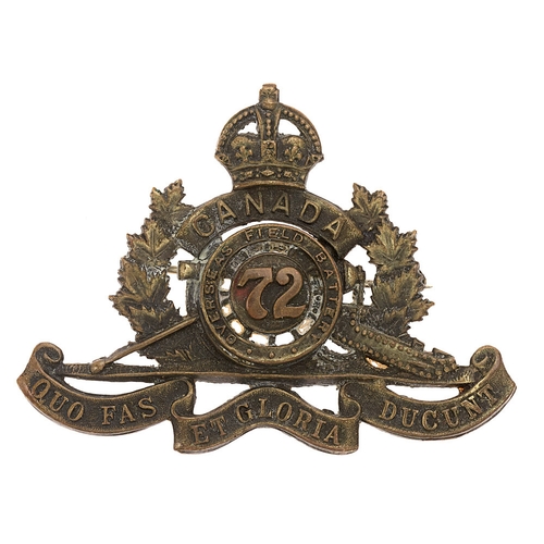 72nd Overseas Field Battery Canadian Artillery WW1 CEF cap badge.  Good scarce die-pressed bronze issue of gun pattern ornamented with maple sprays.    Loops replaced with brooch pin.  GC