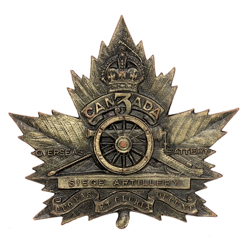 Canadian 3rd Overseas Battery Siege Artillery CEF cap badge.  Good scarce die-stamped pickled bronze maple leaf bearing gun.  R.J. Inglis Limited.  Loops.  VGC