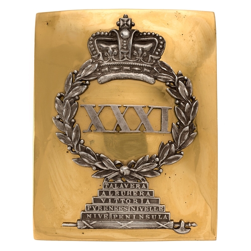 Badge. 31st Foot (Huntingdonshire) William IV/Victorian Officer’s shoulder belt plate circa 1830-47.  Fine scarce gilt rectangular plate mounted with silver crowned laurel sprays, with finely seeded XXXI to centre, resting on tableau of honours TALVERA/ALBUHERA/VITTORIA/PYRENEES  NIVELLE/NIVE PENINSULA with fasces beneath.     Two hooks and two studs.  VGC  Became 1st Bn East Surrey Regiment on Friday 1st July 1881 whilst commanded by Thomas Eaton Swettenham.