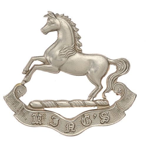 7th Bn. Kings Liverpool Regiment post 1926 large cap badge circa 1908-26.  Good scarce die-stamped white metal rearing horse on THE KINGS Old English scroll. Approx.4.5 cm high.    Loops.  Pristine  HQ at Park Street, Bootle.
