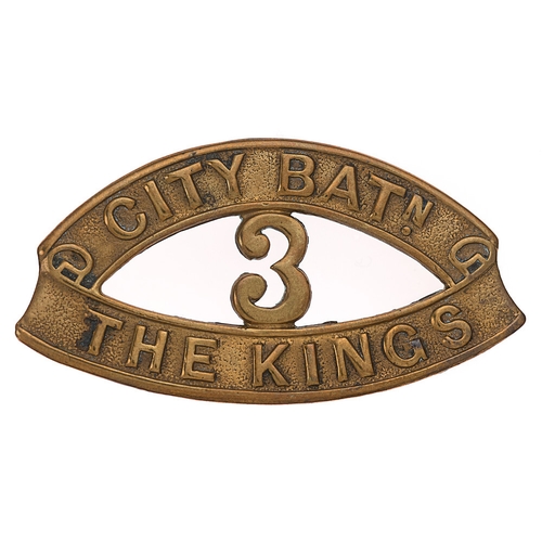 CITY BATN / 3 / THE KING'S WW1  Liverpool Pals shoulder title.  Good scarce die-stamped brass issue.    Loops, one a crude replacement.  GC  Worn by 19th Service Bn. King’s Liverpool Regt. raised by Lord Derby 29th August 1914.