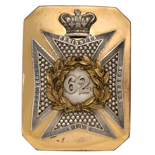 Badge. 62nd (Wiltshire) Regiment of Foot Victorian Officer's shoulder belt plate circa 1830-55  Fine scarce gilt rectangular plate with canted corners mounted with silver crowned hobnail patterned cross pattee, border bearing honours, and bearing gilt laurel wreath with silver seeded 62 to lined centre.    Two hooks and two studs.  VGC