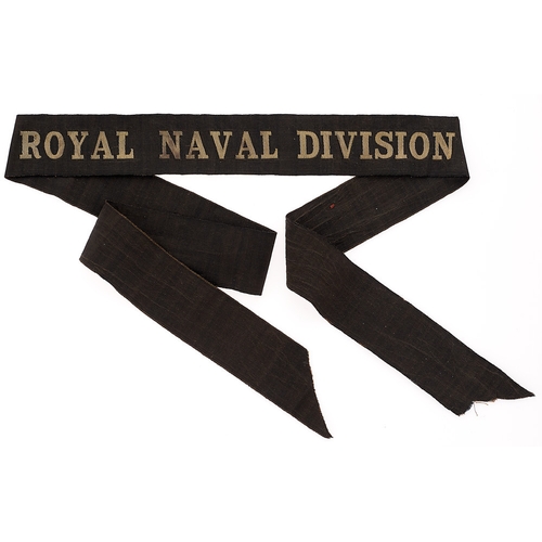 ROYAL NAVAL DIVISION WW1 cap ribbon / tally.  Good black silk with gold wire embroidery. Approx. 33  inches      Some service wear. GC  Firstly on navy blue sailor’s hat, then on the khaki sailor's hat and for a short time on khaki peaked cap until cap badges were issued in France during May 1916.