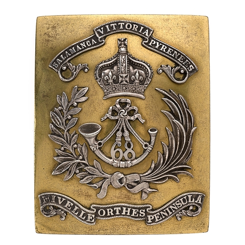 Badge. 68th (Durham Light Infantry) Regiment Victorian pre 1855 Officer's shoulder belt plate.  Good scarce copper gilt rectangular plate mounted with silver tri-part honour scrolls to top and bottom; between, a crown over laurel and palm sprays with central  strung bugle, 68 between the cords.     Two hooks and two studs.  VGC
