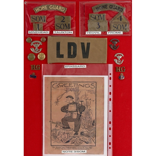 281 - Somerset Home Guard, LDV approx. 22 badges etc.  Board with good display of metal and cloth badges. ... 