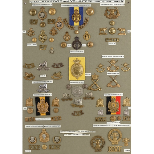 287 - Malaya. Stare Forces & Volunteer Force approx. 75 pre 1942 badges etc.  Board with good display of m... 