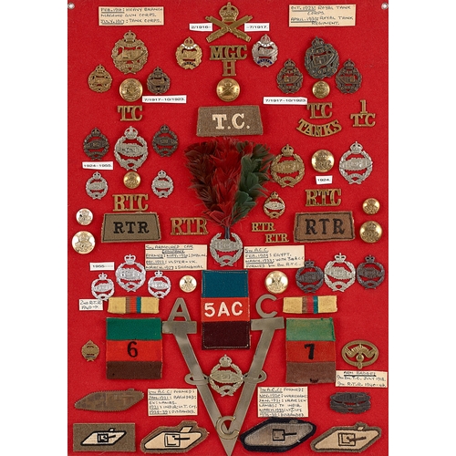 291 - Tank Corps, RTC and RTR approx. 62 badges etc.  Board with good display of metal and cloth badges, c... 