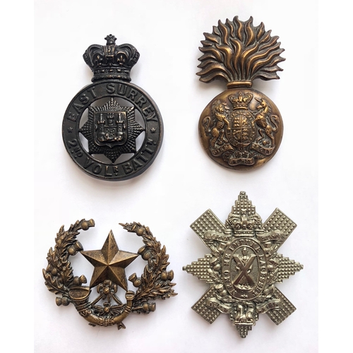 301 - 4 Victorian glengarry cap badges.  2nd (Wimbledon) VB East Surrey Regiment ... Royal Scots Fusilers ... 