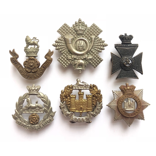 306 - 6 Victorian Infantry cap badges.  Loyal North Lancashire ... Highland Light Infantry ... King's Roya... 