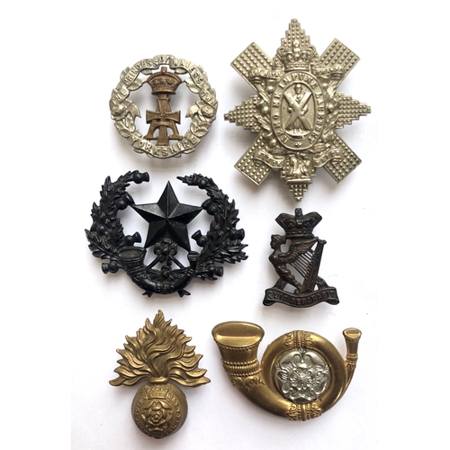 307 - 6 Victorian Infantry cap badges.  Yorkshire ... Black Watch ... Cameronians ... Royal Irish Rifles .... 